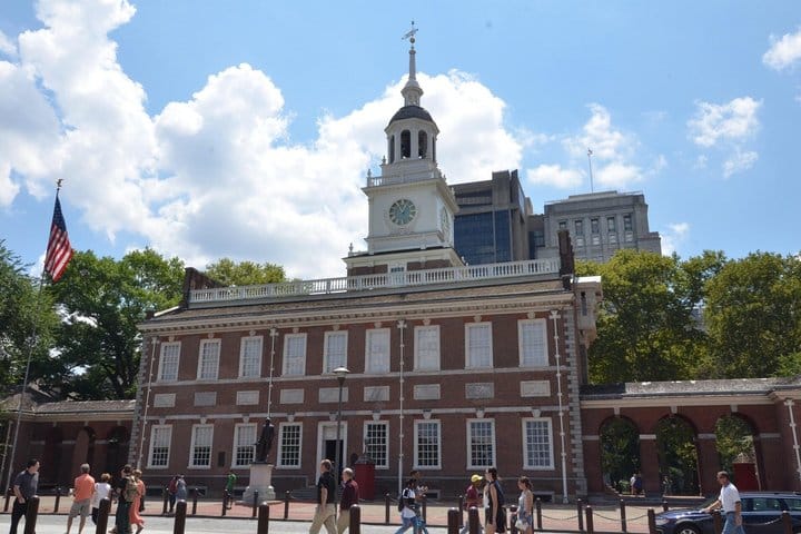 Independence Hall facade with the American flag