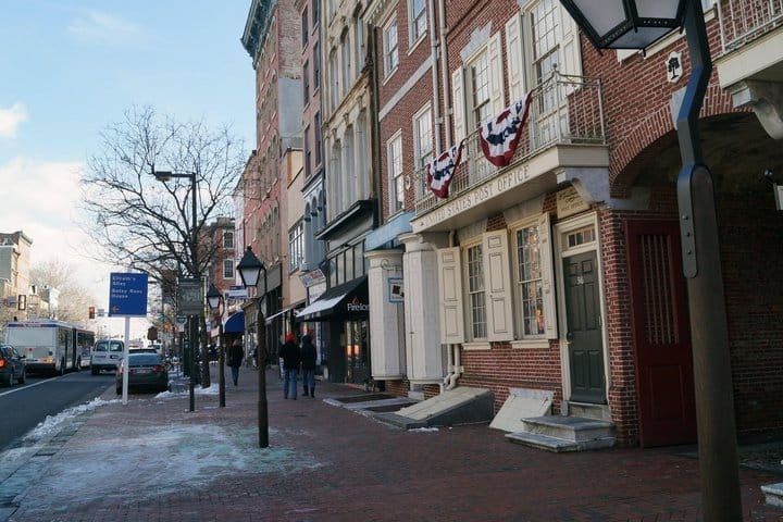 Historic red-brick storefronts in Philadelphia's Historic District