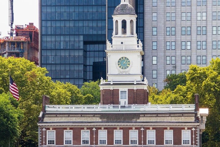 Independence Hall tower with the modern Philadelphia skyline behind